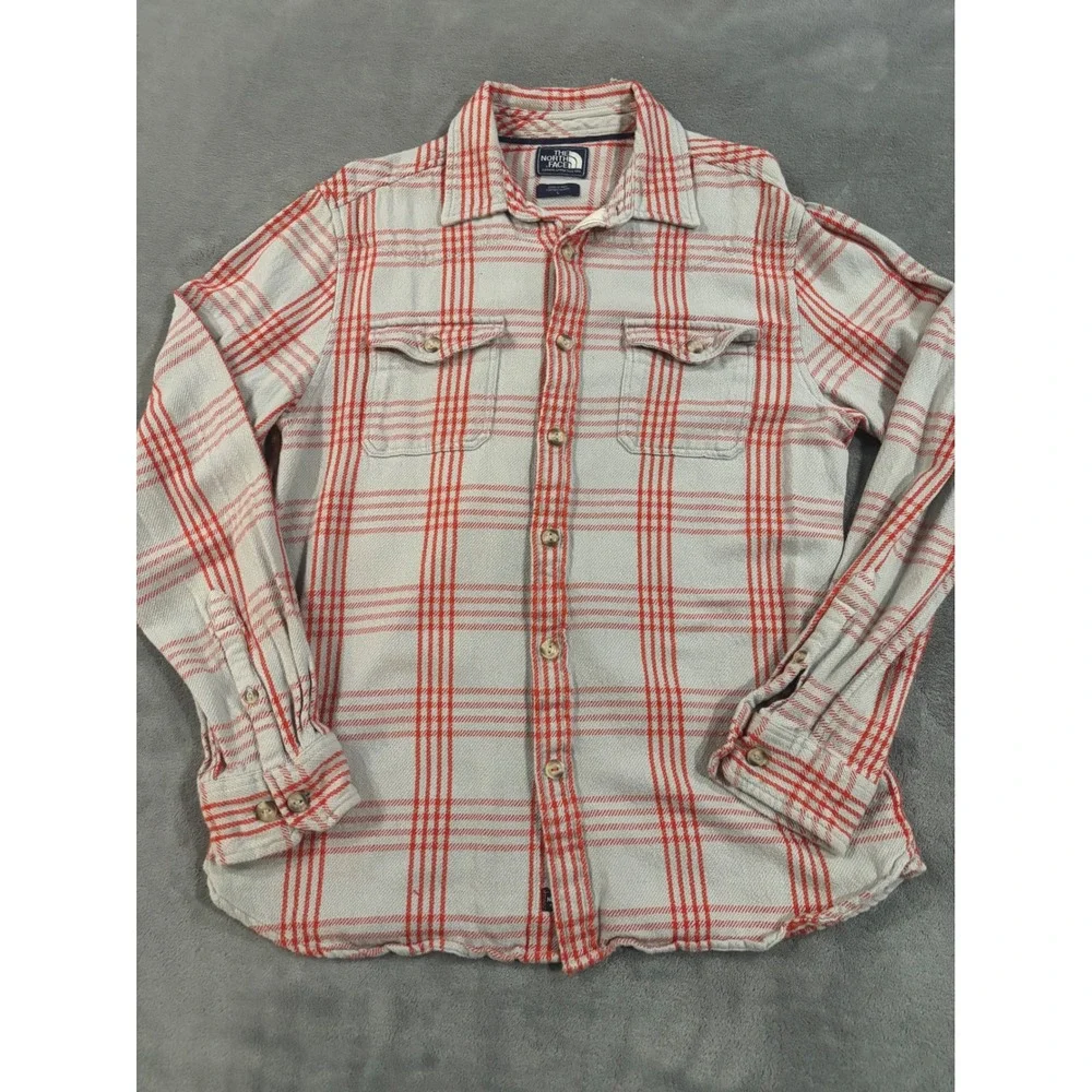 The North Face Mens Large Grey Red Plaid Flannel Button Up Shirt L Cotton